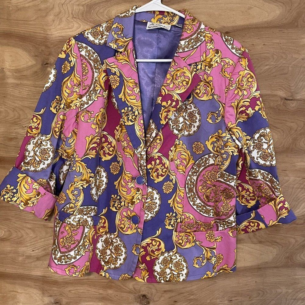 Linea by Louis Dell Olio Blazer Jacket Womens Large Colorful Print  Purple Gold
